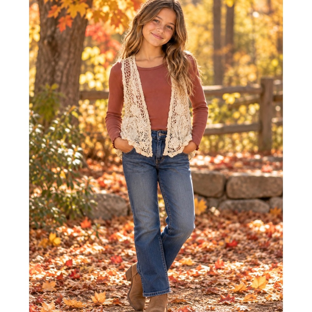 Beautees Girls Medium 10/12 Ivory Crochet Lace Floral Open Front Boho Vest